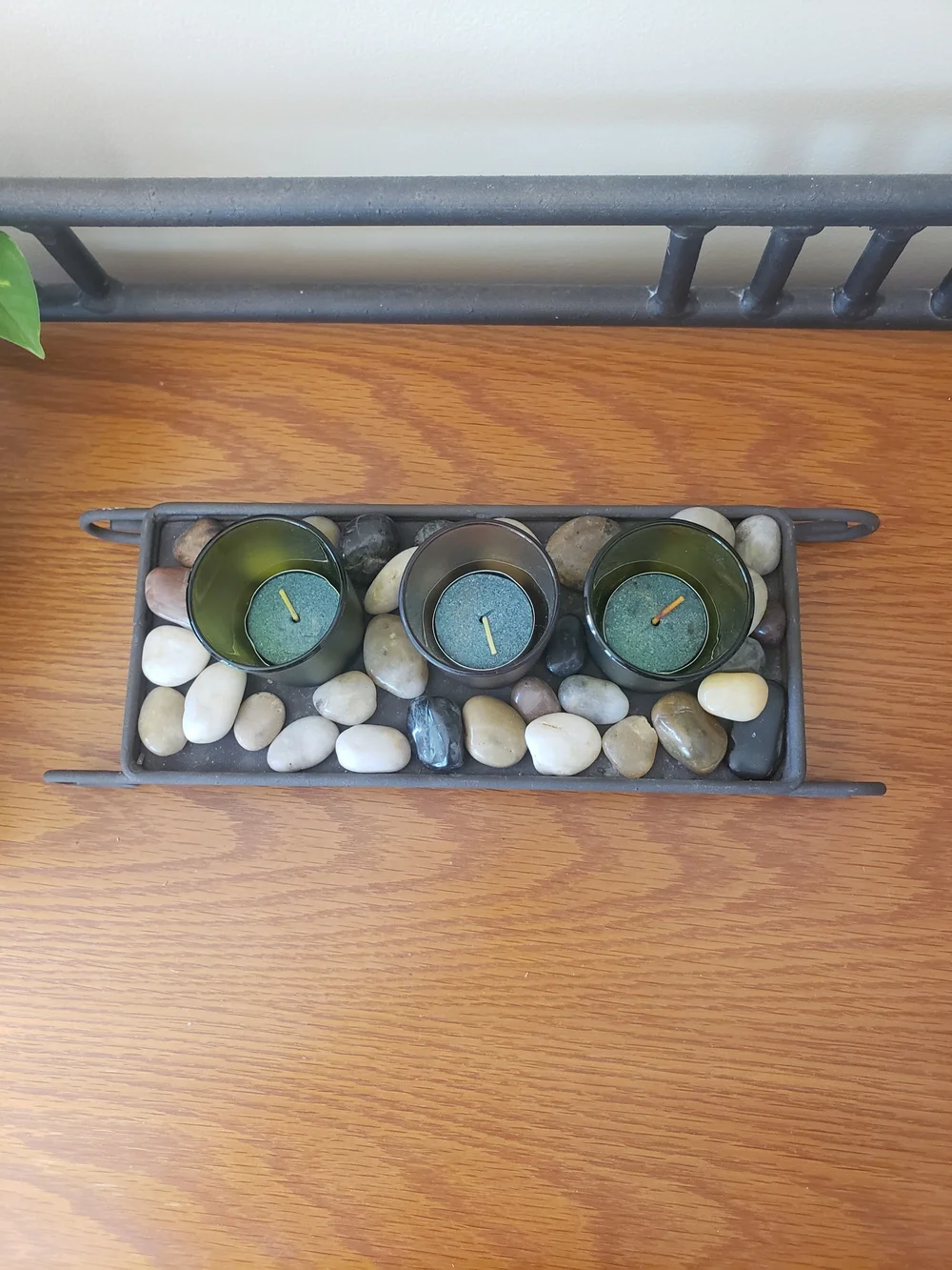 Rustic Candle Set On Metal Stand And Rock Accents With Votive Holders & Candles